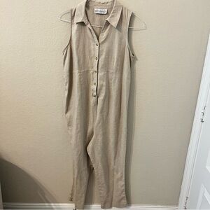 Maternity Sleeveless Neutral Collared Linen-Blend Cropped Jumpsuit Natural fiber